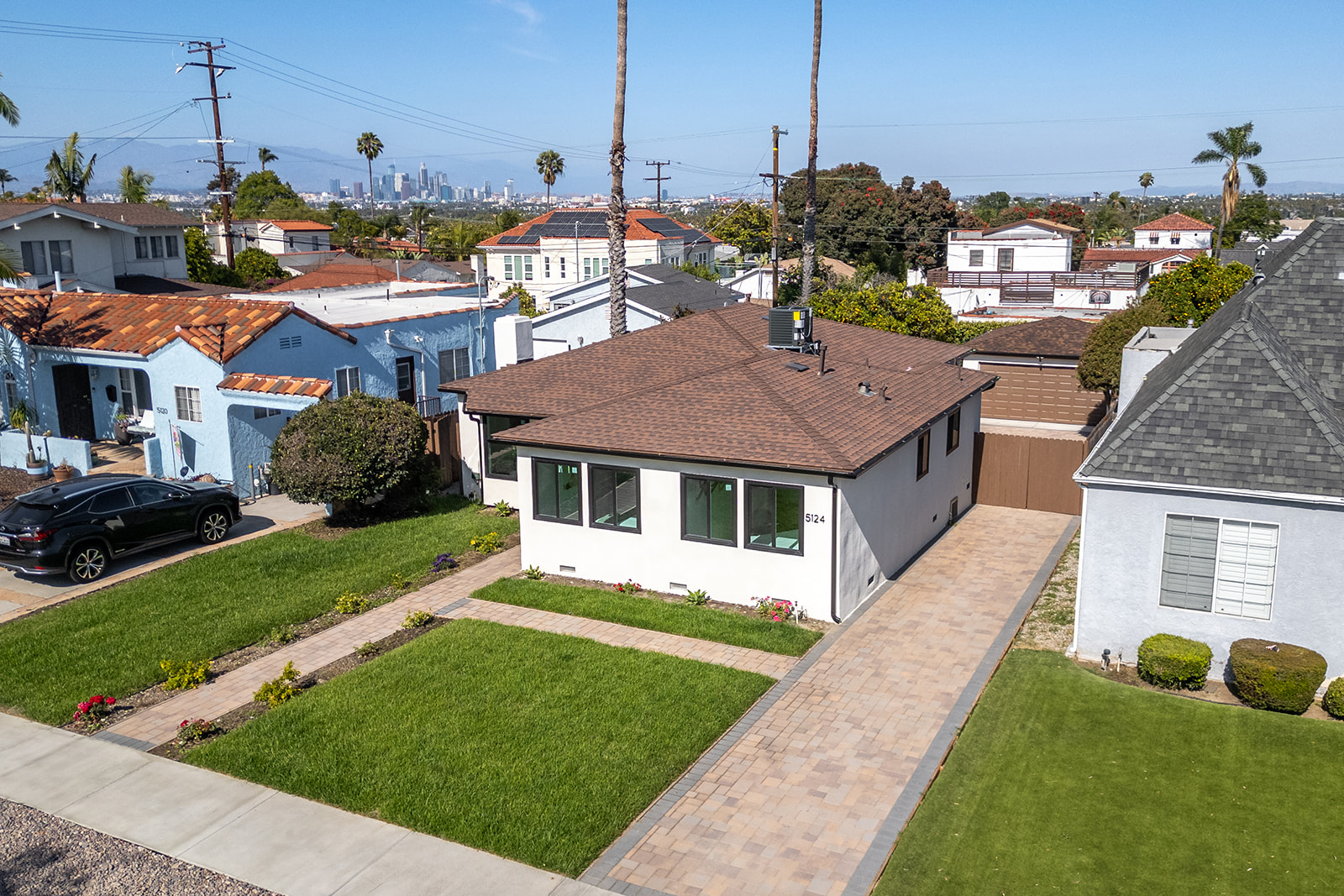 Aerial view of 5124 Hillcrest with DTLA in the distance
